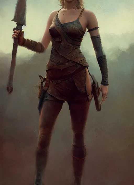 Image similar to hyper realistic photo of warrior princess jennifer lawrence full body, rule of thirds, conceptart, saturated colors, cinematic, greg rutkowski, brom, james gurney, mignola, craig mullins, artstation, cgsociety