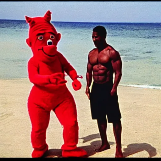 Prompt: denzel washington doing pull - ups on the beach with a teletubby custom