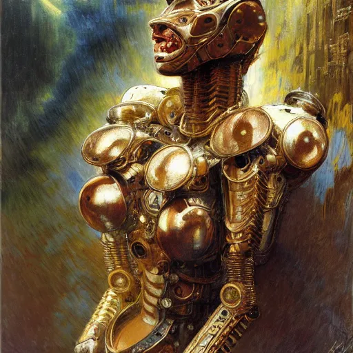 Image similar to highly detailed portrait of an humanoid robotic cheetah mecha, painting by gaston bussiere, craig mullins, j. c. leyendecker, lights, art by ernst haeckel, john william godward, hammershøi,