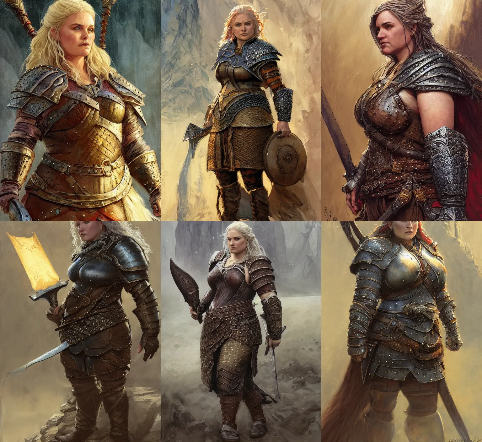 Prompt: A noble female dwarven warrior and blacksmith wearing heavy iron breastplate. Chubby plump body. complex blonde braided hair. Fantasy concept art. Moody Epic painting by James Gurney, and donato giancola. ArtstationHQ. painting with Vivid color. (Dragon age, witcher 3, lotr)