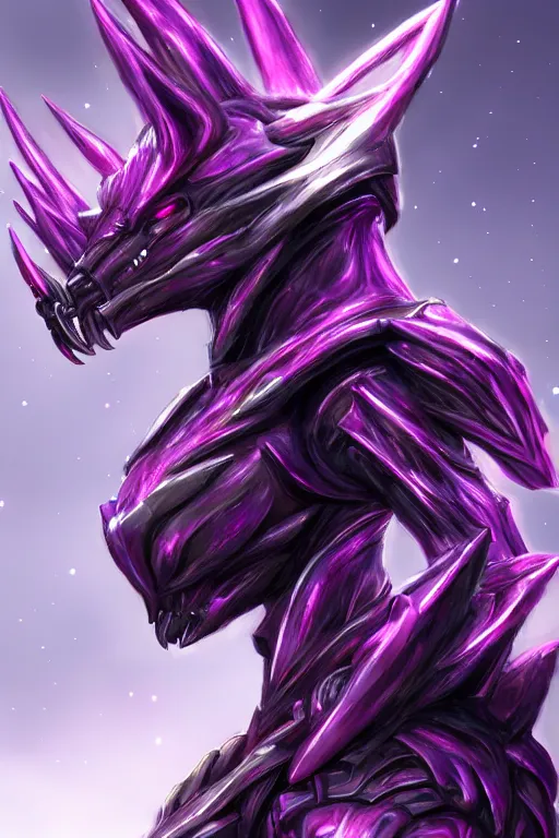 Image similar to bust shot, hyperdetailed realistic elegant beautiful stunning giant robot mecha hot female goddess dragon, sharp spines, sharp metal ears, smooth purple eyes, smooth fuschia skin, smooth silver armor, nebula size, space, epic proportions, epic scale, macro giantess, warframe, destiny, furry, dragon art, goddess art, giantess art, furaffinity, octane