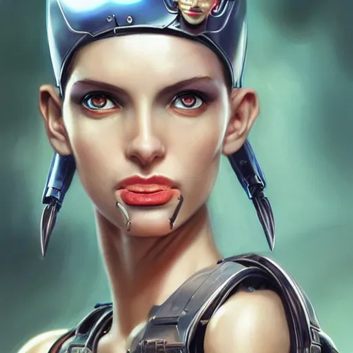 Image similar to tank girl, highly detailed, half android, power implants, body transmogrify, beautiful, mesmerising, look of desire, loving stare, digital painting, trending on artstation, concept art, 4 k, sharp focus, illustration, art by artgerm and greg rutkowski and magali villeneuve