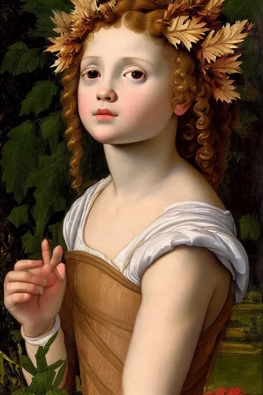 Image similar to renaissance painting of young girl in the garden, closeup, curly long hair, face closeup, emotions closeup, dressed in roman armour, the beautiful garden with maple leaves everywhere, ultra detailed, art by guido reni style, vincenzo catena style