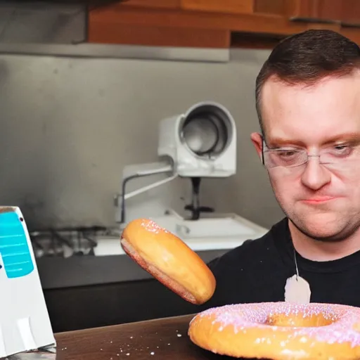 Prompt: Andrew Price, the blender guru, making donuts