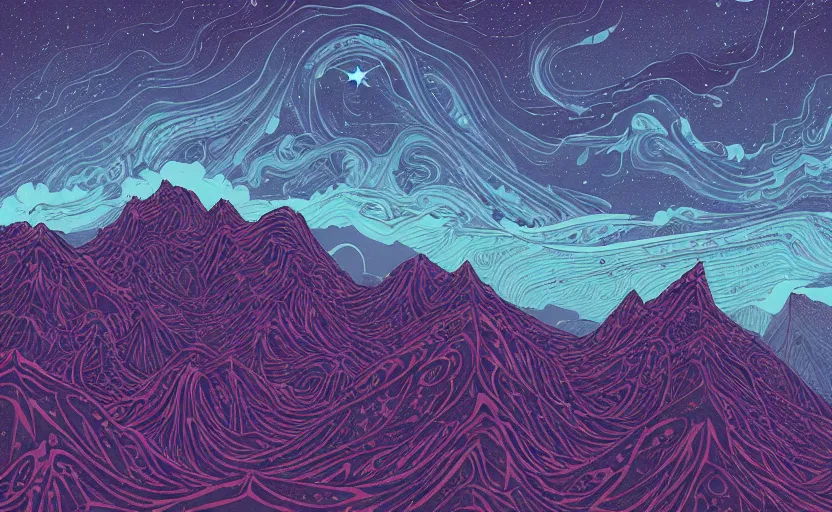 Prompt: mountains, stars and paisley filled sky, artstation, intricate, highly detailed, digital painting, concept art, sharp focus, illustration by Kilian Eng and James Jean