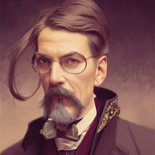 Image similar to portrait of a victorian gentleman with a monocle, fantasy, intricate, elegant, highly detailed, digital painting, artstation, concept art, smooth, sharp focus, illustration, art by artgerm and greg rutkowski and alphonse mucha