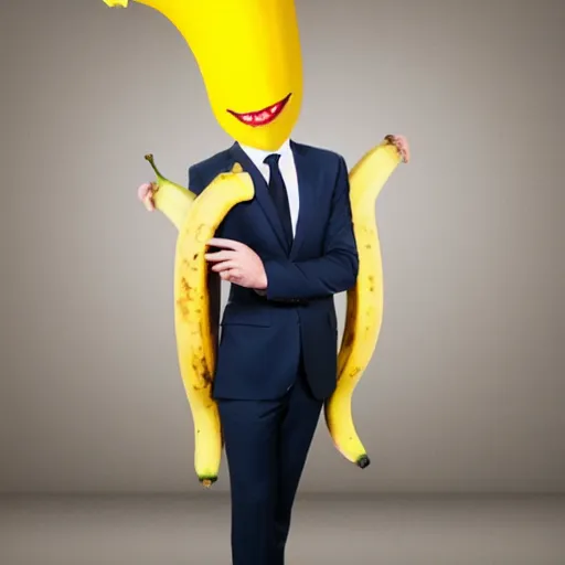 Image similar to a person with a banana head wearing a business suit