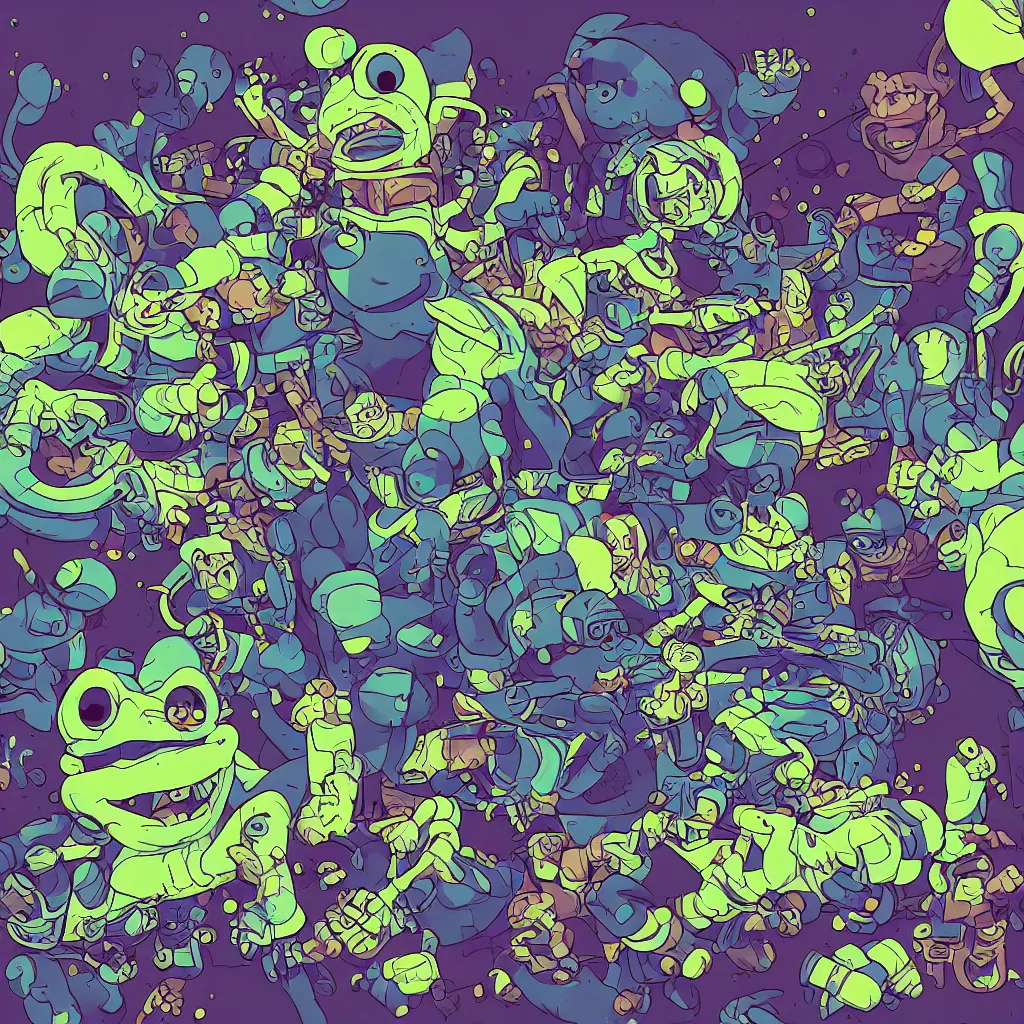 Image similar to toads, deconstructed amphibian, ryuta ueda artwork, breakcore, style of jet set radio, y 2 k, gloom, space, cel - shaded art style, indigo rainbow, data, minimal, code, cybernetic, dark, eerie, cyber