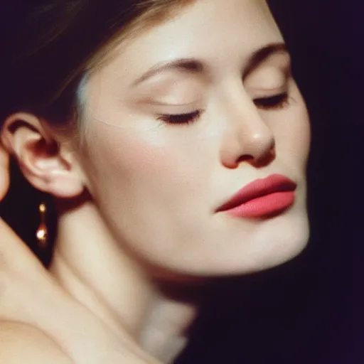 Image similar to Portrait photo of a famous actress posed in profile, eyes closed, natural makeup, studio lighting, highly detailed, cinestill 800t