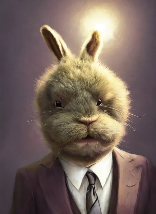 Image similar to hyper realistic, portrait of a derpy half mr. bean, half big chungus, with bunny rabbit ears, very fuzzy, furry, smoking weed, by greg rutkowski, scott m fischer, artgerm, loish, slight glow, atmospheric, anne stokes, alexandros pyromallis, 4 k, 8 k