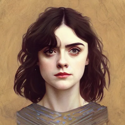 Image similar to portrait of a combination of Alexandra Daddario, Maisie Williams, Krysten Ritter, Anne Hathaway and Natalia Dwyer Christina Ricci and Lily Collins by Alphonse Mucha, trending on artstation