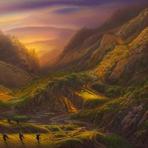 Prompt: A huge army in a valley at golden hour, fantasy, oil painting, extra detailed