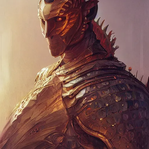 Image similar to knight with head of dragon as his trophy, highly detailed, digital painting, cgsociety , concept art, sharp focus, illustration, art by artgerm and greg rutkowski and alphonse mucha