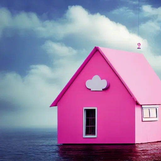 Image similar to a 5 0 mm lens photograph of a cute pink floating modern house, floating in the air between clouds, inspired by the movie up, held up from above by a heart - shaped ballon. mist, playful composition canon, nikon, award winning, photo of the year