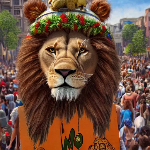 Image similar to anthropomorphic scene of lion at a street protest, exquisite detail lion in hippie clothes, Streetwear, hippie fashion, protest movement, trending on artstation, incredible detail, Graeme Base, 8k detail, gi, global illumination, physically based rendering, photoreal, small details, intricate complexity