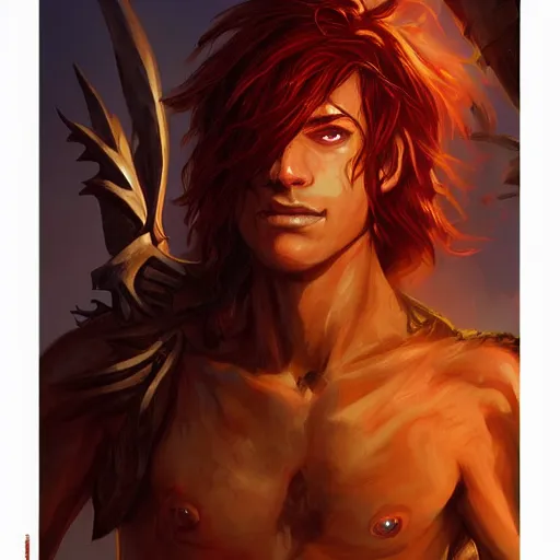 Image similar to dnd character illustration of a tanned half - elf with messy short red hair and golden eyes with slit pupils, androgynous, feral, glowing, golden hour, by ross tran and gerald brom