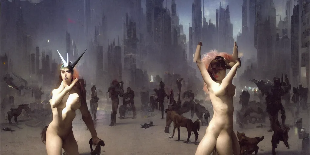 Prompt: unicorn in a futuristic cyberpunk town. By William Adolphe Bouguereau, highly detailed