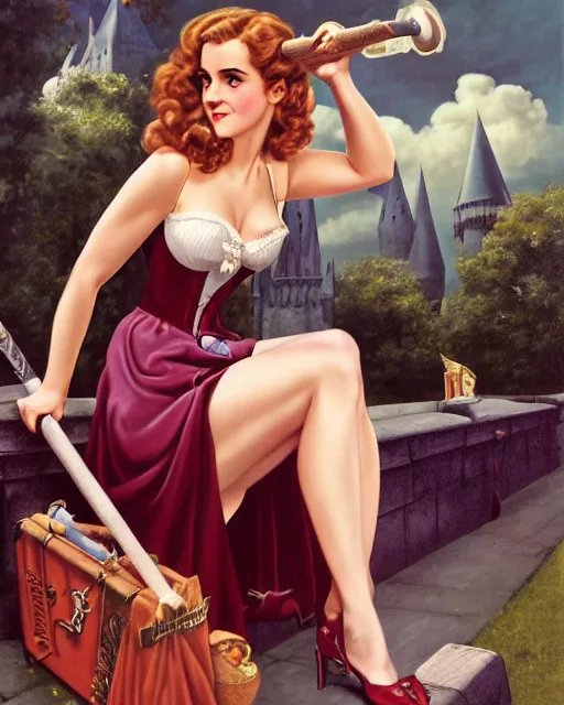 Image similar to pinup photo of hermione granger by emma watson in the crowded square of hogwarts, by gil elvgren, glossy skin, pearlescent, very coherent, very detailed
