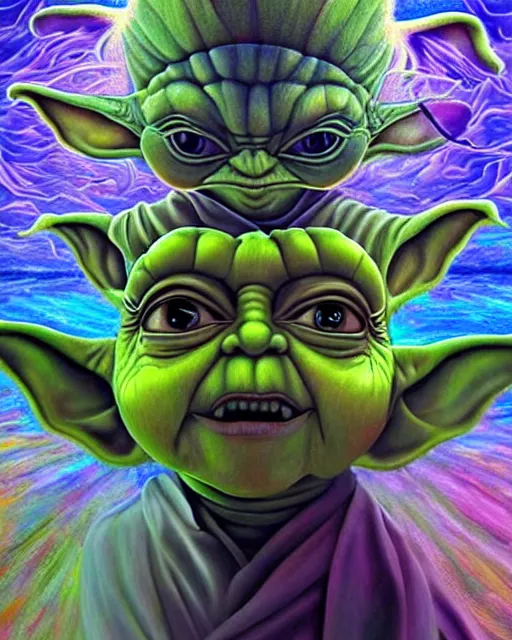 Prompt: portrait ultra dimensional baby yoda tripping on dmt, psychedelic experience, overwhelming self realization and awakening, ultra high definition, unreal engine 5, hyperrealism, masterpiece composition, surrealism by alex grey, salvador dali 8 k photorealistic