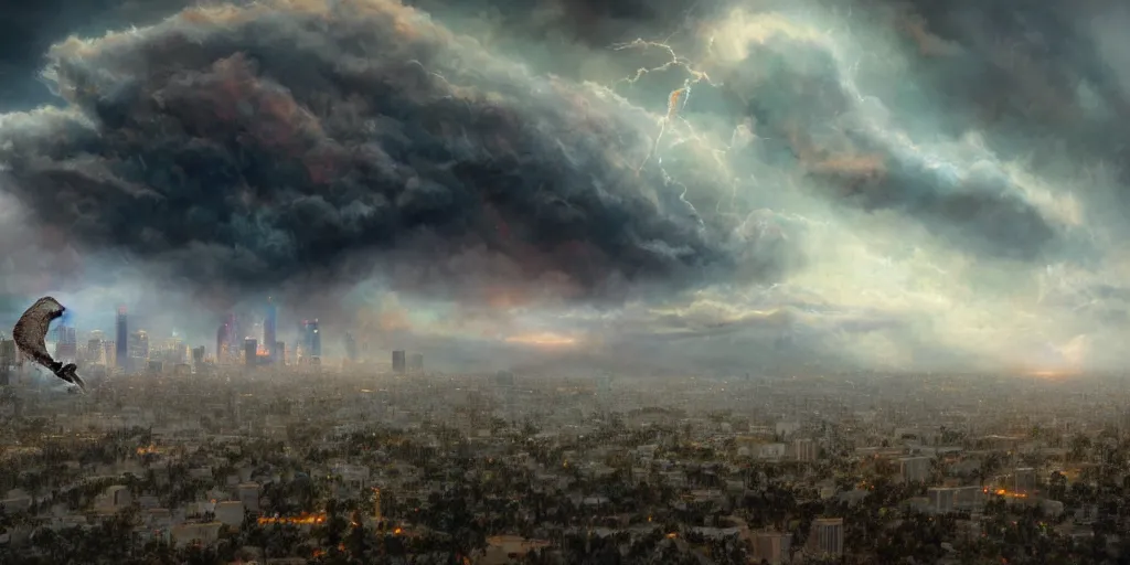 Image similar to a strong lovecratian monster attacks a rich los angeles suburb, matte painting trending on artstation, james gurney, view from a car, ominous sky
