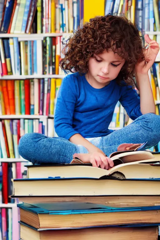 Prompt: a cute little girl with short curly brown hair and blue eyes sits cross legged on top of a tall pile of books. she is reading. clean pretty cartoon painting, beautiful detailed face.