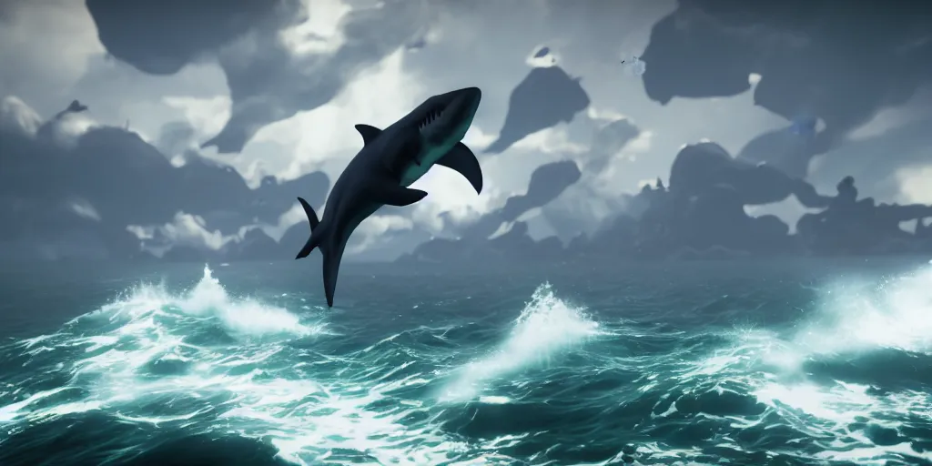 Prompt: a shark flying in the sky in a rough sea, sea of thieves style, unreal engine, cinematic, waves, fog, clouds, rain