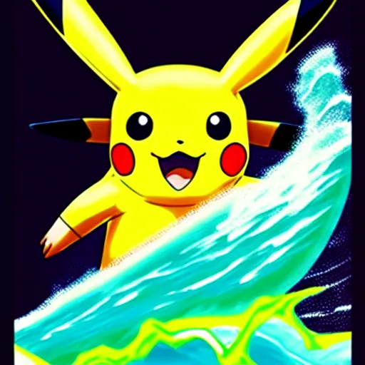 Image similar to pikachu surfing on a wave made of green slime, pokemon tcg image, trending on artstation