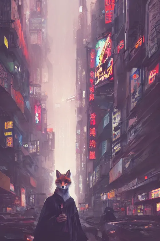 Image similar to beautiful portrait of a tall white female anthro fox smoking a cigarette towering head and shoulders above the bustling crowd of a rainy city street around her, cyberpunk clothes, cyberpunk, harsh neon lights, highly detailed, sharp focus, digital painting, illustration, trending on artstation, art by sakimichan, wlop, greg rutkowski