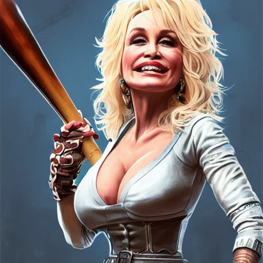 Prompt: closeup of Dolly Parton holding a baseball bat, cyberpunk 2077, intricate, elegant, highly detailed, digital painting, artstation, concept art, matte, sharp focus, illustration, hearthstone, art by Artgerm and Greg Rutkowski and Alphonse Mucha