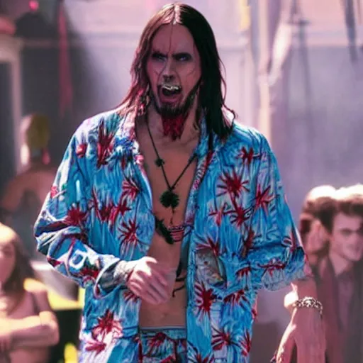 Image similar to Morbius The Living Vampire (Jared Leto) wearing a Hawaiian shirt and swim trunks