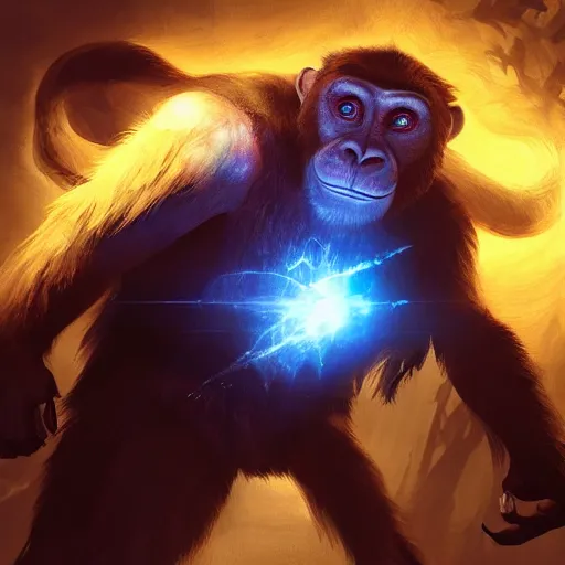 Image similar to Bored ape magician casting bright magic light spell, D&D, fantasy, cinematic lighting, highly detailed, digital painting, artstation, concept art, smooth, sharp focus, illustration, volumetric lighting, 8k, art by Akihiko Yoshida and Greg Rutkowski