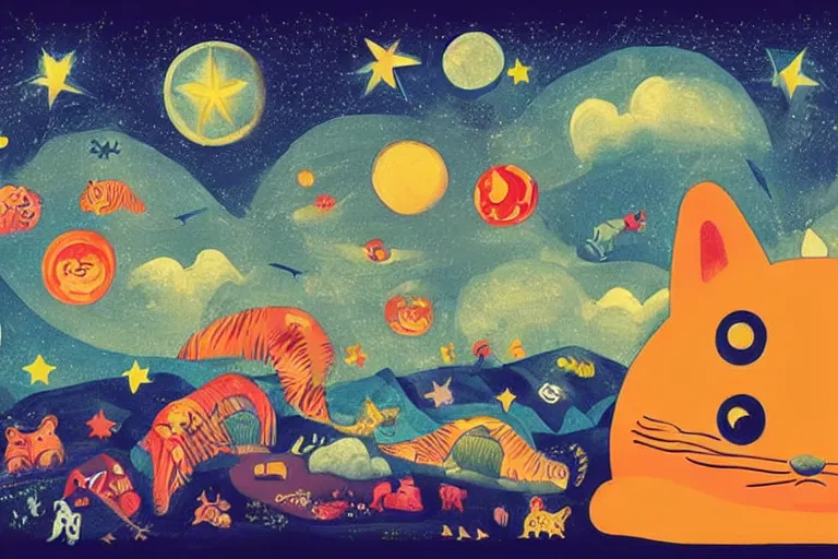 Image similar to night starry sky full of logo designs, style of henri rousseau and richard scarry and hiroshi yoshida