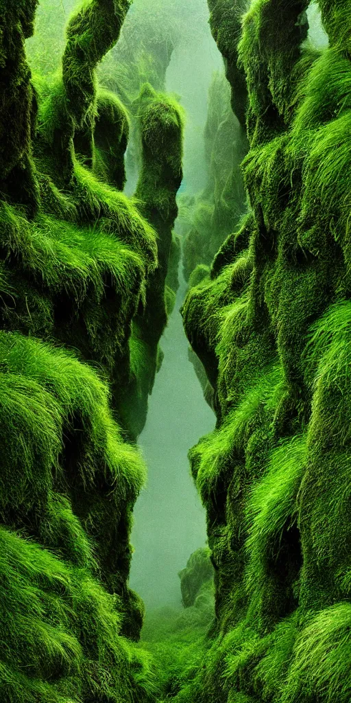 Image similar to dream looking through, a hyper realistic photograph fertile, lush mossy ferns canyon, ferns, minimalist structure, misty, raining, icelandic valley, in the style of reuben wu, roger deakins