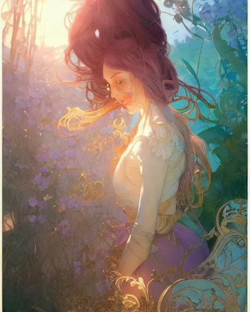 Image similar to secret romance, highly detailed,, gold filigree, romantic storybook fantasy, soft cinematic lighting, award, disney concept art watercolor illustration by mandy jurgens and alphonse mucha and alena aenami, pastel color palette, featured on artstation