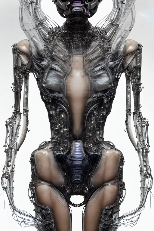 Prompt: background space station, baroque dress iris van herpen positing on floor, perfect symmetrical, full body shot, helmet on face, inflateble shapes, wires, tubes, veins, jellyfish, white biomechanical details, wearing epic bionic implants, masterpiece, intricate, biopunk, vogue, highly detailed, artstation, concept art, cyberpunk