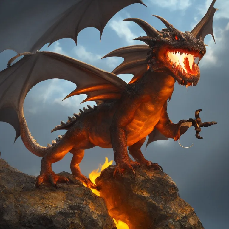 Prompt: A Render of a cute wyvern dragon with large wings and bright eyes, sitting on a rock, breathing fire. In the style of Pixar Animation. 8k. Trending on ArtStation.