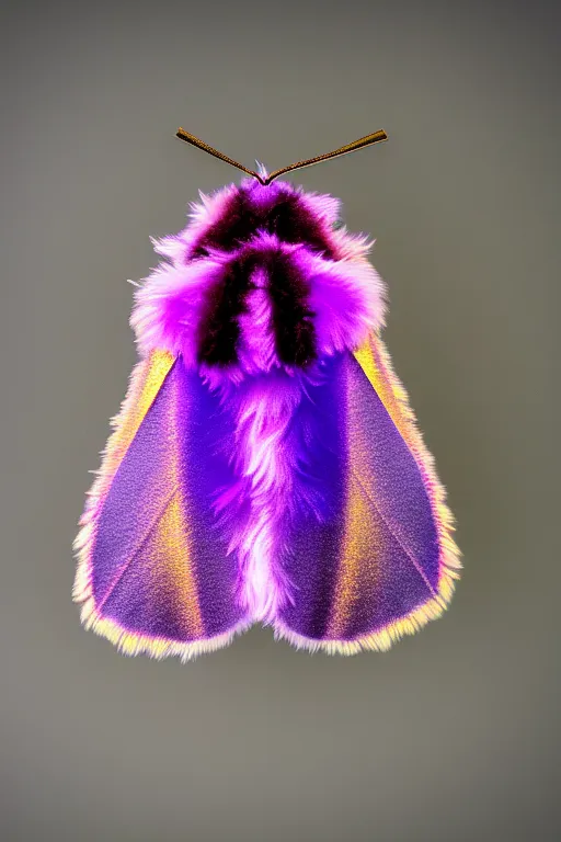 Image similar to high quality macro photo pearlescent furry moth! jeweled gorgeous! highly detailed david ligare elson peter cinematic purple neon lighting high quality low angle hd 8k sharp shallow depth of field