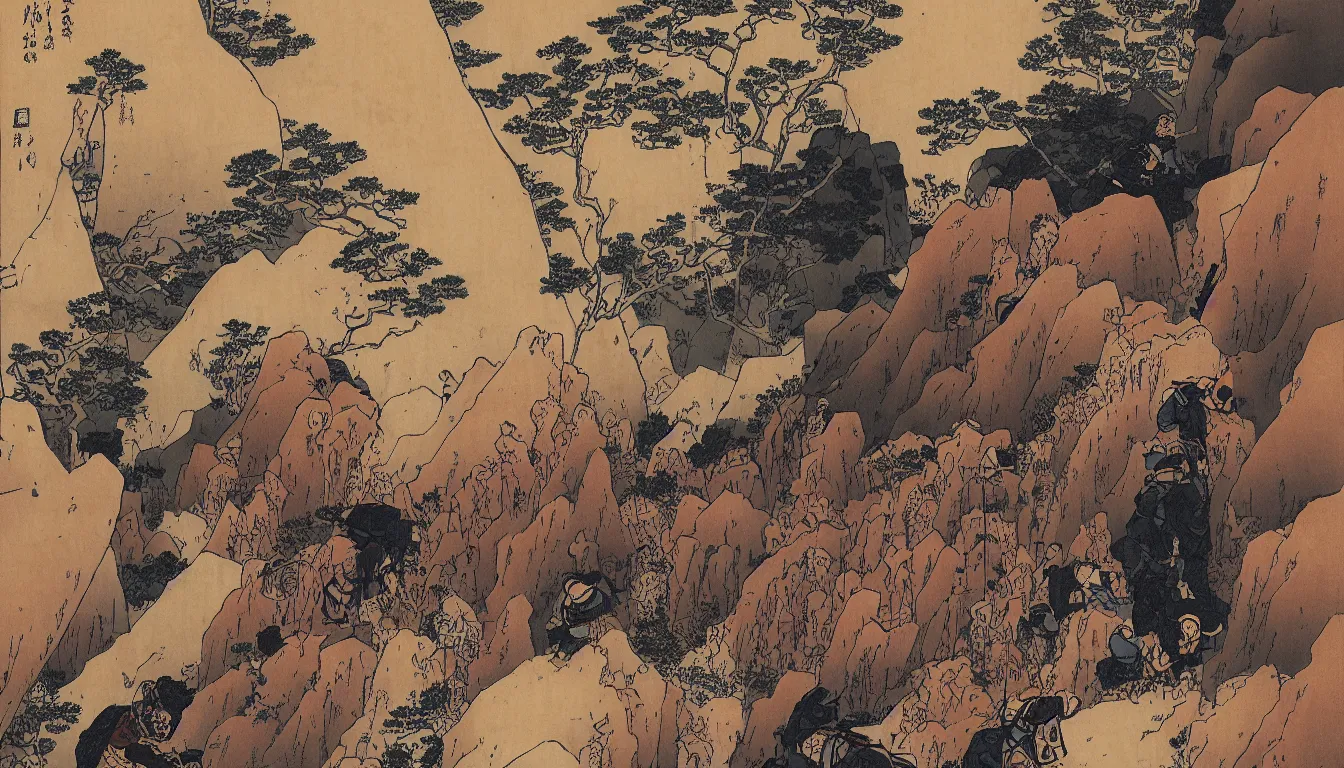 Image similar to backpacking through slot canyons by hokusai