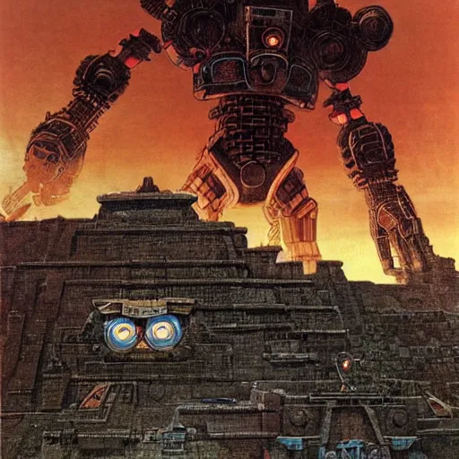 Image similar to giant mayan mecha with flaming eyes standing over city, perfectly clear face, shadow of the colossus screenshot by j. c. leyendecker, studio ghibli, and beksinski