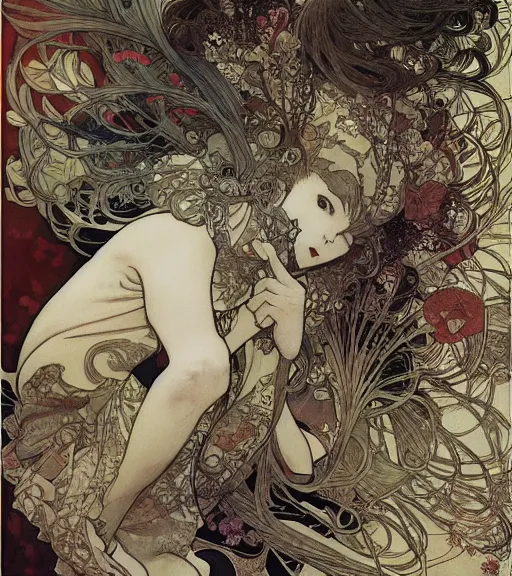 Image similar to yoshitaka amano anime painting, intricate line drawings, pen and ink, alphonse mucha, claire wendling, kentaro miura, ruan jia