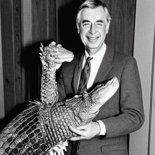 Image similar to mr. rogers proudly displaying a skinned alligator. 1 9 7 0 s color photo.