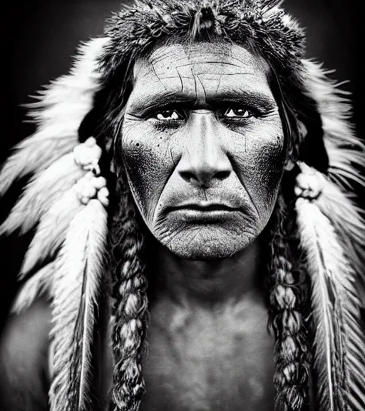 Image similar to Award winning Editorial photo of a Native Iroquois with incredible hair and hyper-detailed eyes wearing traditional garb by Edward Sherriff Curtis and Lee Jeffries, 85mm ND 5, perfect lighting, gelatin silver process