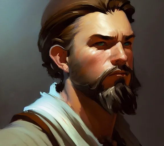 Image similar to greg manchess portrait painting of bard, d & d, fantasy, medium shot, asymmetrical, intricate, elegant, matte painting, illustration, hearthstone, by greg rutkowski, by greg tocchini, by james gilleard, by joe fenton, dynamic lighting, gradient light blue, brown, blonde cream and white color scheme, grunge aesthetic