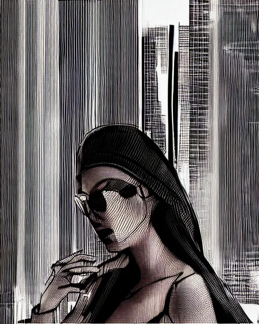 Image similar to cypherpunk fashion illustration, camera face, city street background with high tall buildings, abstract portrait highly detailed, finely detailed