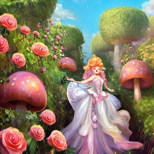 Image similar to portrait of princess peach, running through a hedge garden of exotic flowers in the Mushroom Kingdom, giant mushrooms, and roses, from behind, streets, birds in the sky, sunlight and rays of light shining through trees, beautiful, solarpunk!!!, highly detailed, digital painting by Michael Garmash and Peter Mohrbacher