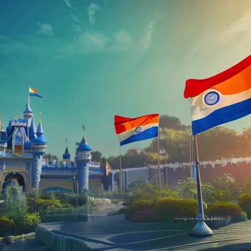 Image similar to indian flag waving, center frame, symmetric, rim light, fabric, electric, soft, concept art, intricate details, cinematic, highly detailed, colorful, photorealistic, disney pixar, octane render, iridescent, anime