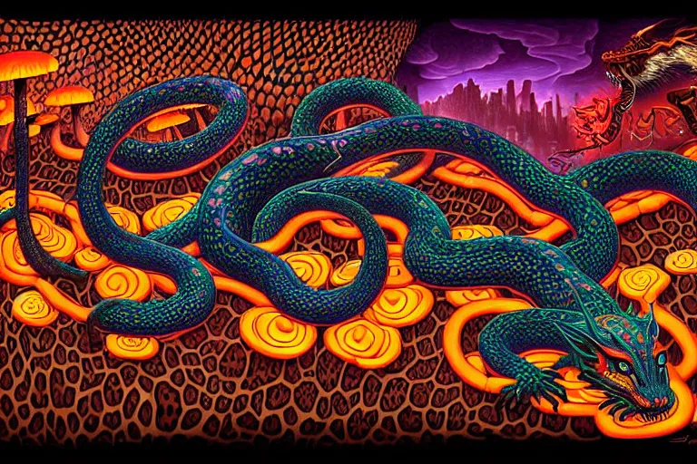 Image similar to a detailed digital art painting of a cyberpunk magick oni dragon with occult futuristic effigy of a beautiful field of mushrooms that is a adorable leopard atomic latent snakes in between ferret biomorphic molecular hallucinations in the style of escher, alex grey, stephen gammell inspired by realism, symbolism, magical realism and dark fantasy, crisp,