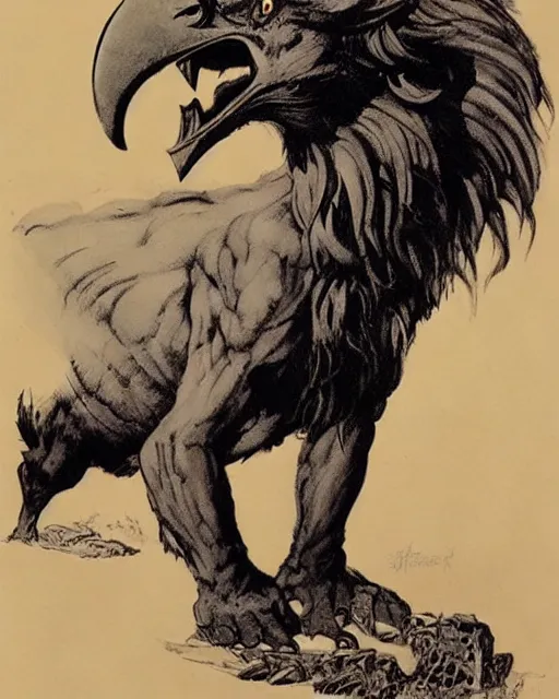 Image similar to a creature with the body and eyes of a man, with the beak of an eagle, the mane of a lion, and the horns of an ox. drawn by frank frazetta