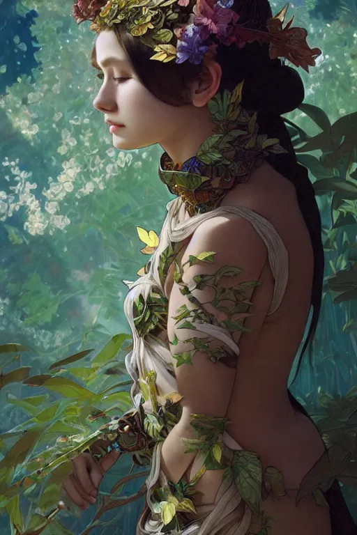 Image similar to beautiful ancient girl in makeshift leaf armor, deep space on background, highly detailed, digital painting, artstation, sharp focus, illustration, art by tan zi and ayanamikodon and alphonse mucha and wlop