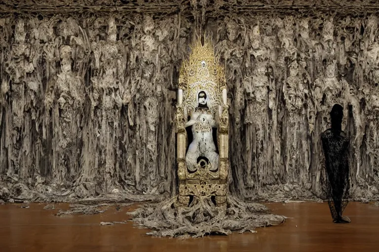Image similar to vampire queen sitting on a throne in the abandoned buddhist temple, omnious, eerie, magnificent, wow, intricate, by nicola samori, by ryoji ikeda